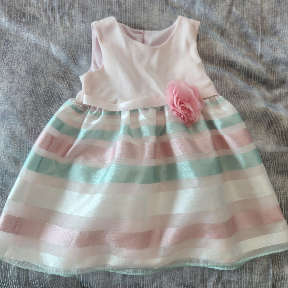Toddler Pink and Mint Striped Party Dress with Floral Accent